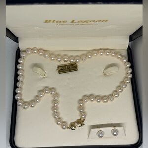 MIKIMOTO BLUE LAGOON PEARL NECKLACE AND EARRING SET 18” 7.5-8MM WOW IN BOX